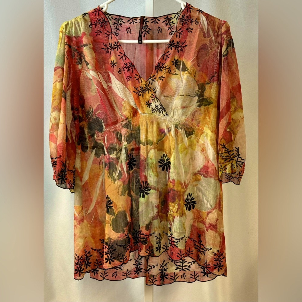 Mushka By Sienna Rose Floral Print Embroidered Sheer Lightweight Blouse Sz M